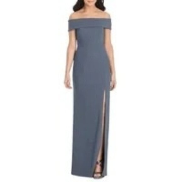 Dessy Womens Full Length Off Shoulder Crepe Dress Maxi Size 8 Silverstone NWT - Picture 1 of 5